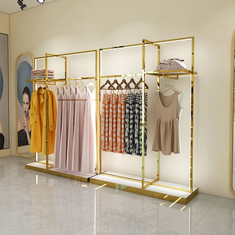 custom，Clothes Store Design Window Showcase Fixture Display Stand Rack Rose Gold Floor Standing Display Unit Clothing Store LED