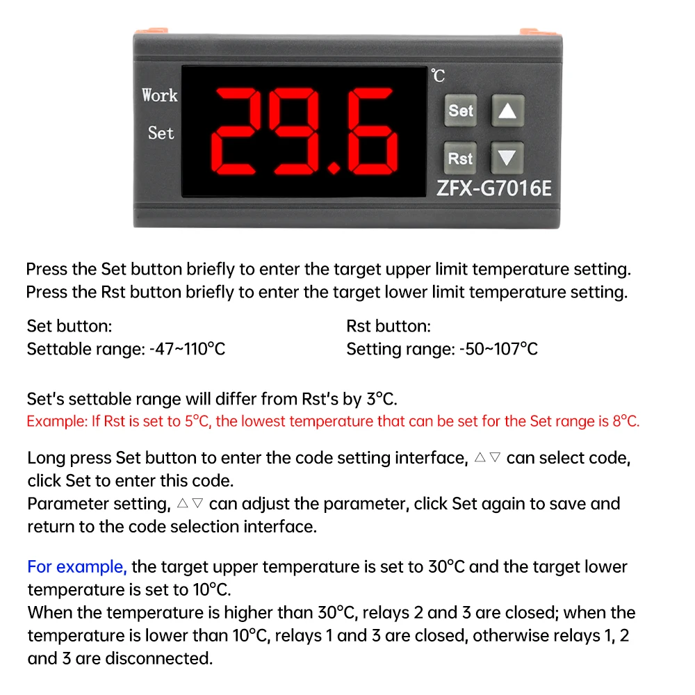 G7016E Digital LED Temperature Controller Heating Cooling Thermostat 10A 30A Relay Output with NTC Sensor Probe 12V 24V