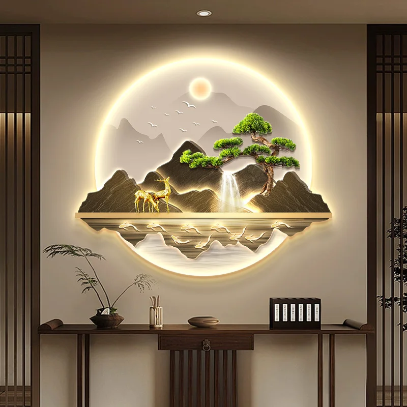 Factory Direct 2026 New Chinese style entrance hall LED light water generating wealth landscape painting with light corridor wel