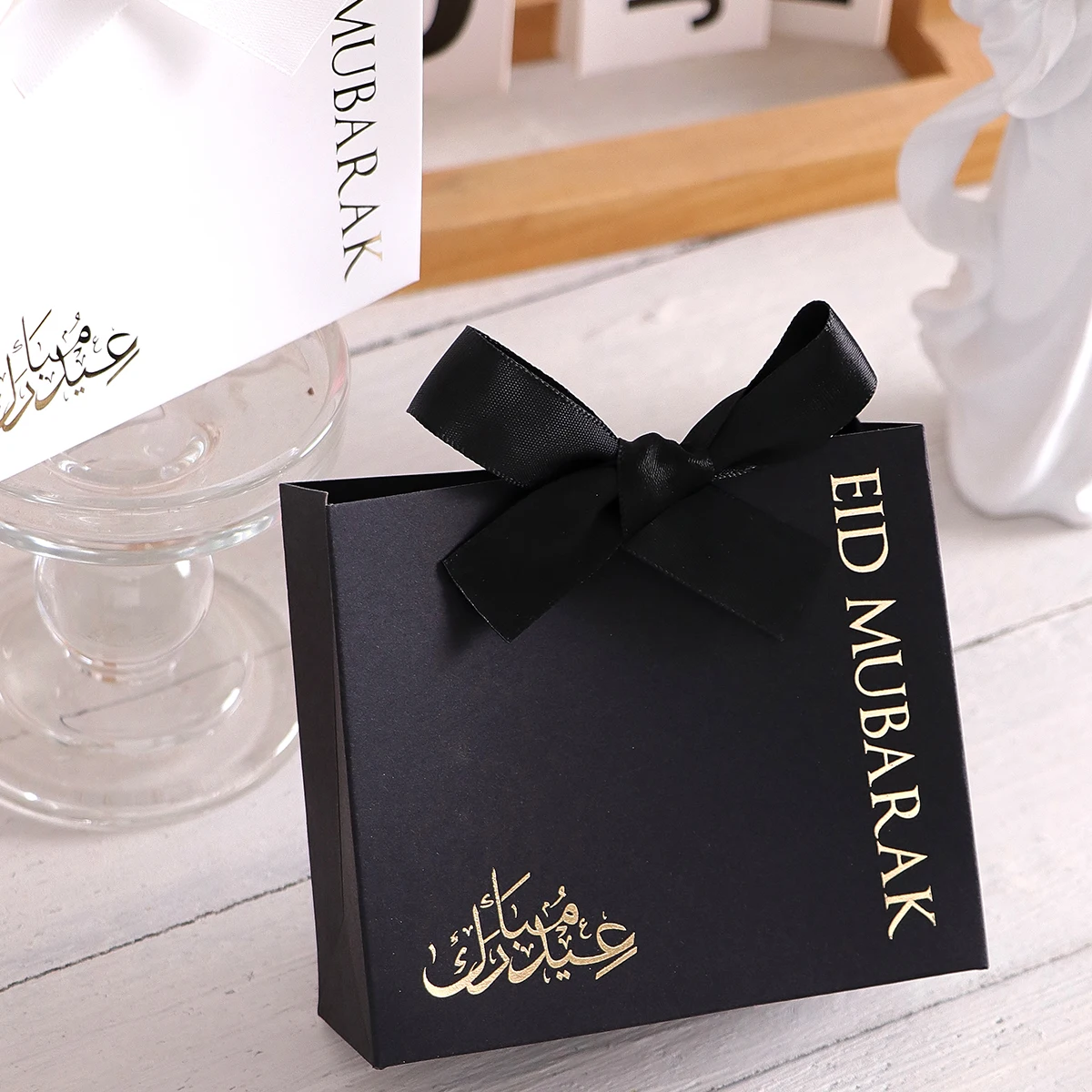 10Luxury Eid Small Gift Boxes, Printed With“Eid Mubarak” Black and White Design, Set of 10 Size: 10.5 * 10 *