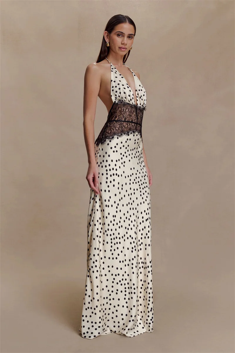 Mozision Polka Dot Rückenfreies Sexy Maxikleid Damen Kleid Elegantes Patchwork Spitze Neckholder Tiefer V-Ausschnitt Ärmelloses, figurbetontes Clubkleid – Detail 12