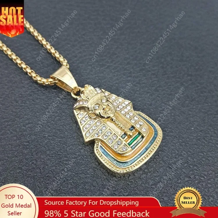 

Punk Silver Gold Color Ancient Egypt King Tut Pharaoh Pendant Necklace zircon Cuban Chain Stainless Steel Men's Hip Hop Bling