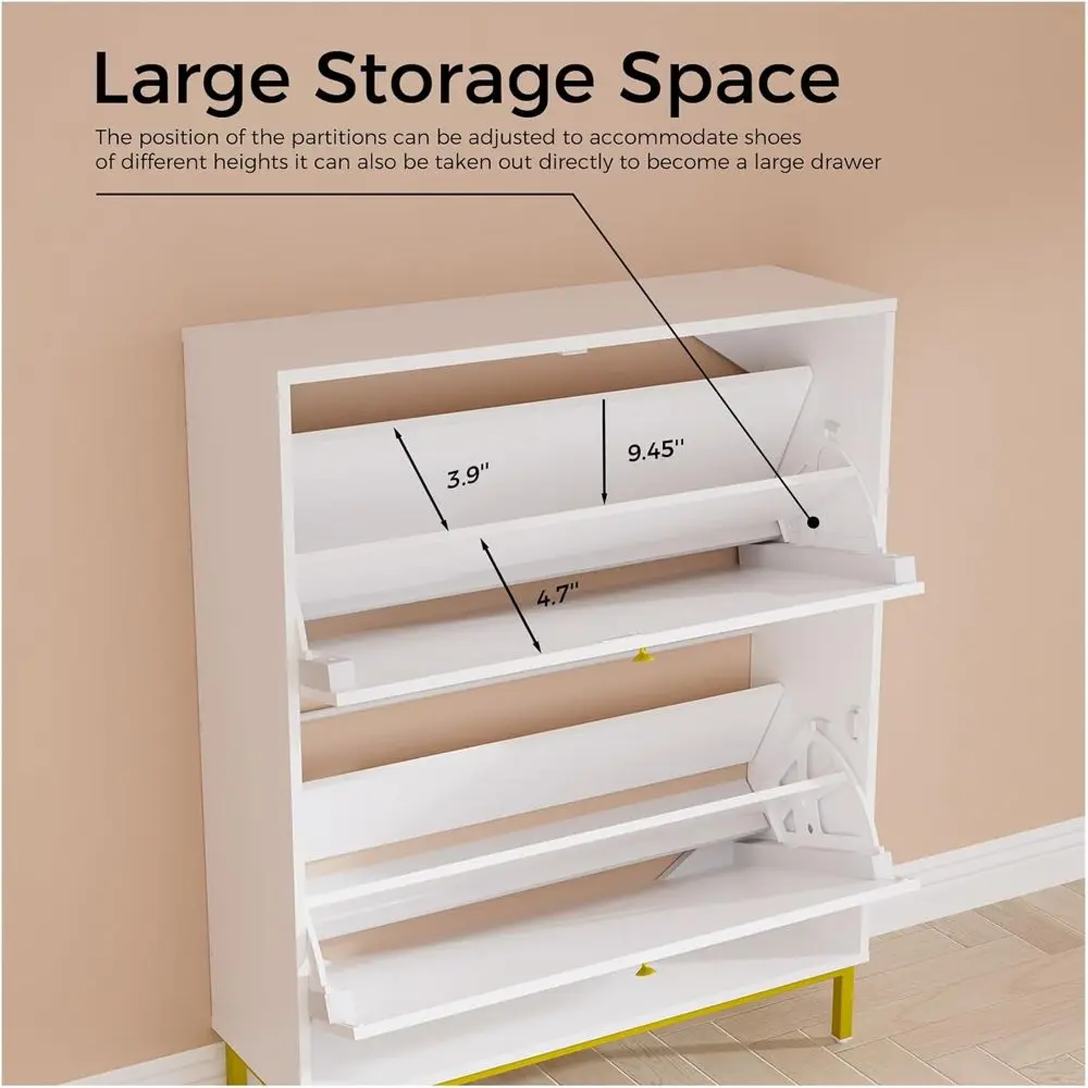 خزانة أحذية بيضاء قائمة بذاتها مكونة من 4 طبقات مع درجين، ودعم ساق معدنية لتخزين البهو والممر