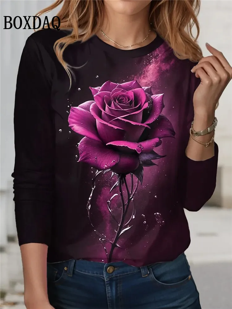 Tie Dye Rose Flower Print T Shirt New Spring Women Long Sleeve Shirts Casual O-Neck Loose Plus Size Tops Fashion Female Clothes