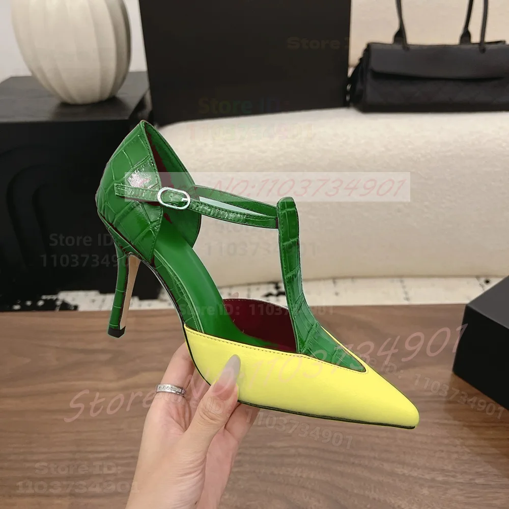 Two Tone Slender Strap Pointed Toe Sandals Women Wine-Red Stone Pattern T-bar Patchwork High Heels Sexy Elegant Dress Sandals view 6