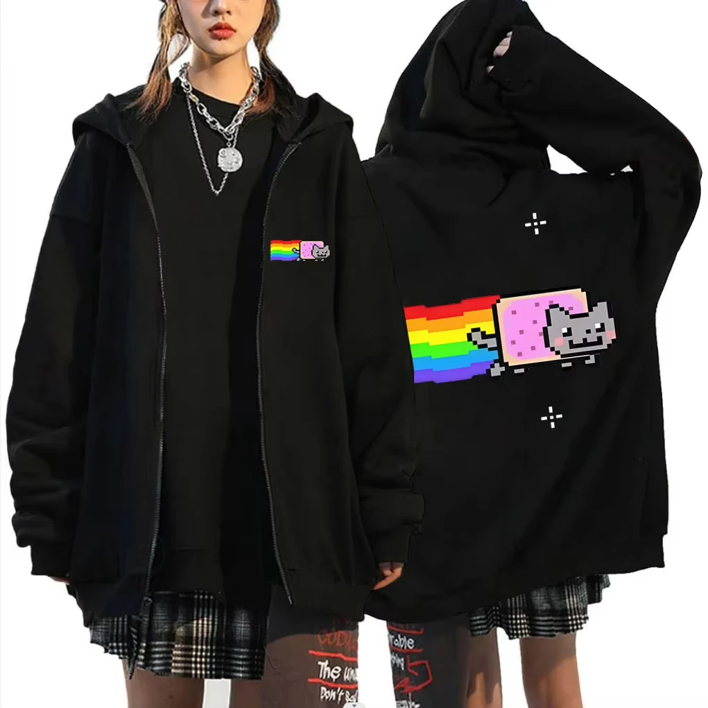 Sweat à capuche zippé décontracté unisexe, motif chat Nyan arc-en-ciel, mémé amusant, veste zippée en molleton de coton, coupe oversize, 2026