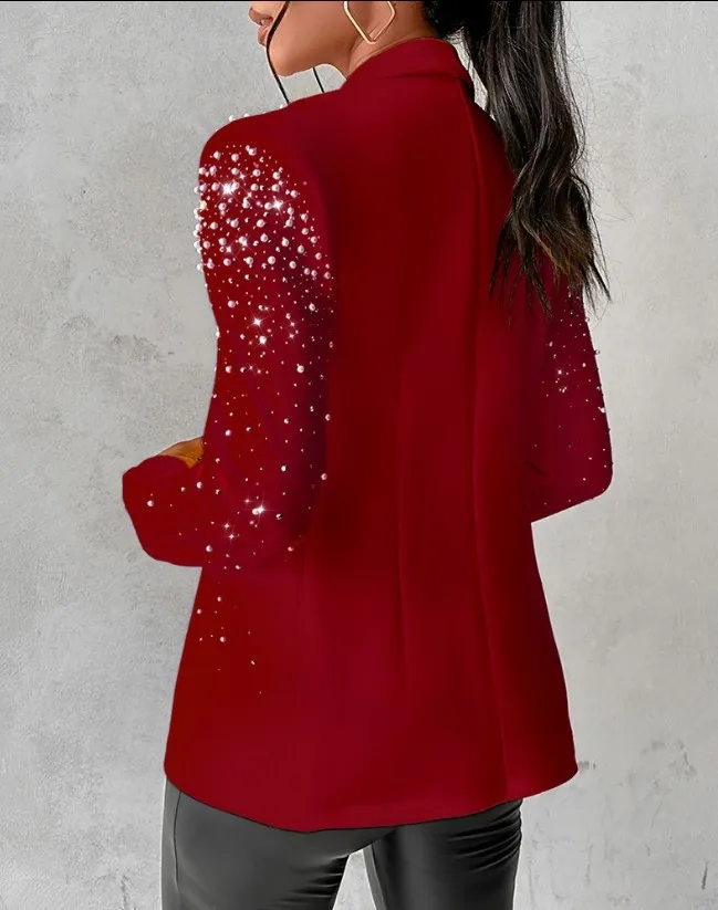 เสื้อแจ็คเก็ตสูทแขนยาวผู้หญิงสีน้ําเงิน เสื้อโค้ทประดับมุก เบลเซอร์มีตัวเลือกเบอร์กันดี สีดํา และสีเหลือง