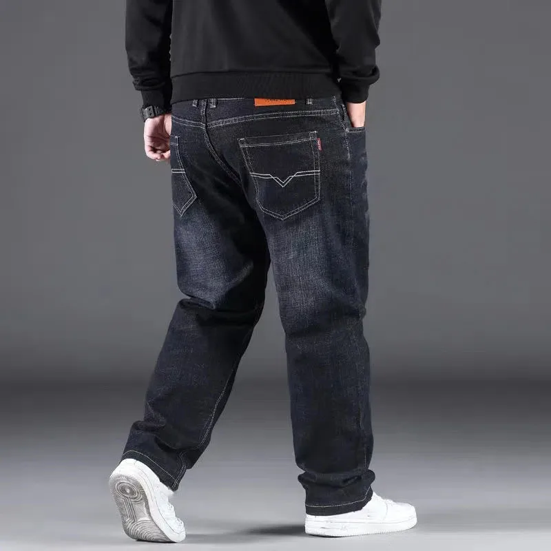 2023 New Winter Autumn Thicken Denim Pants Casual Loose High Waist Male Pants Elastic Plush Warm Straight Man Jeans