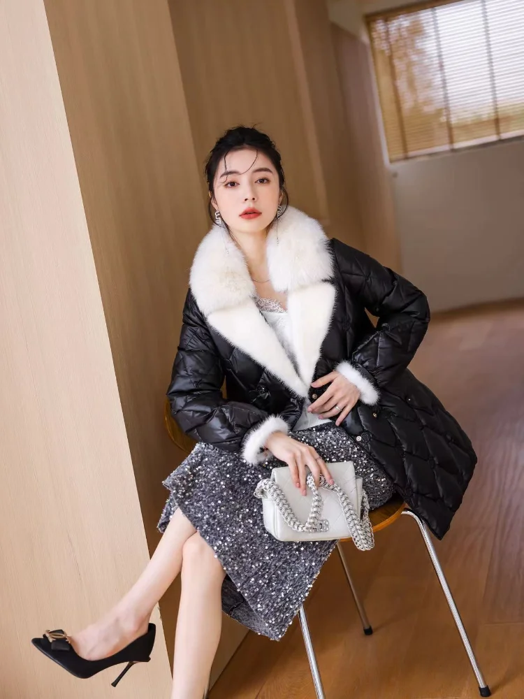 Women Winter Female Warm Parkas  White Duck Down Long Puffer Jacket Fox Fur Collar Diamond Plaid Down Coat Slim Coat with Belt