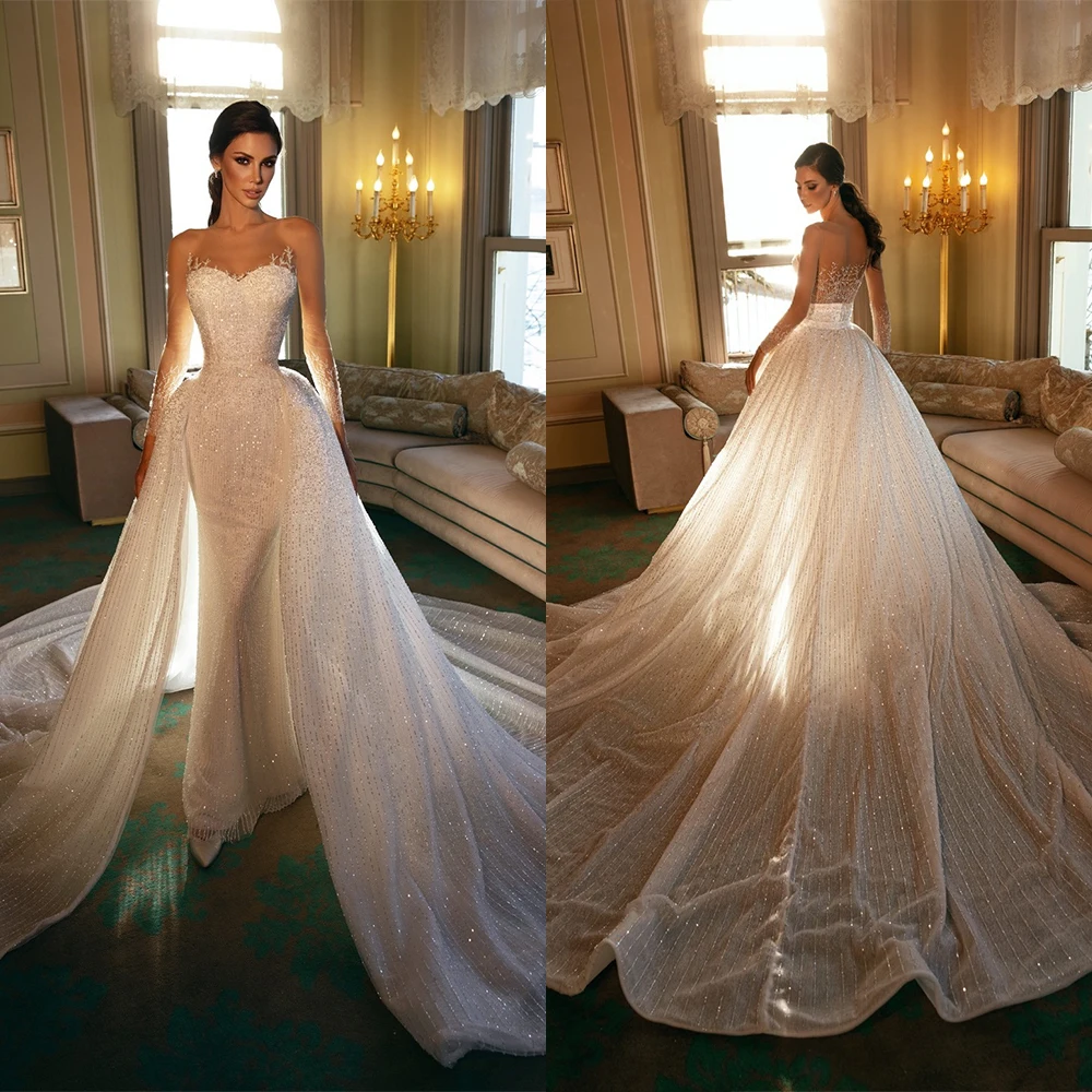 Classic Mermaid Wedding Dress Shine Sequined Appliques Sleeveless Bridal Gown Sweetheart Brush Train Robe De Vestido Customized