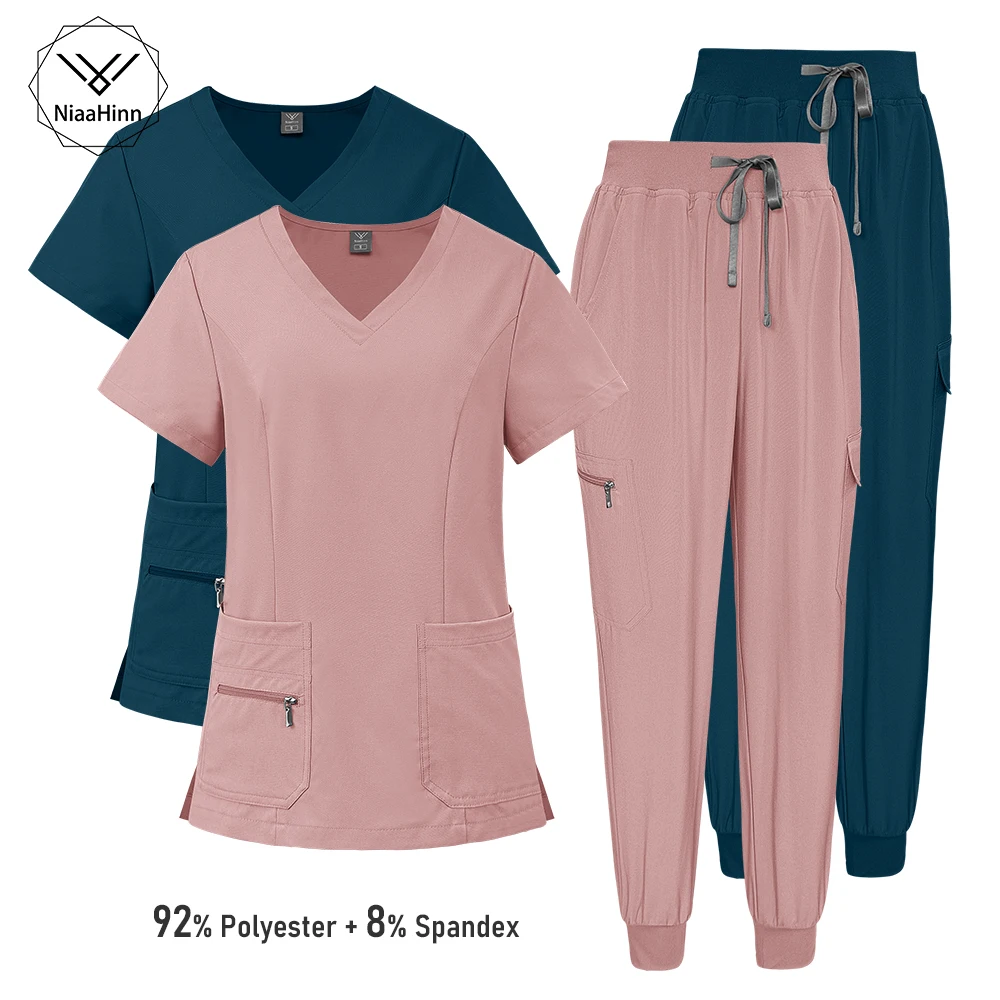 Zestaw medyczny Niaahinn: uniform pielęgniarski, lekarski, bluza z krótkim rękawem i dekoltem w serek, spodnie typu jogger, kieszenie na zamek, damski zestaw do pracy w szpitalu lub spa.
