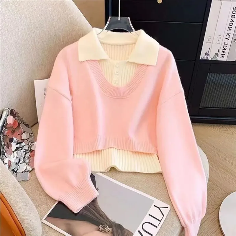 College style women's short POLO neck sweater 2026 autumn winter explosions pullover high waist two-piece Female knitwear top