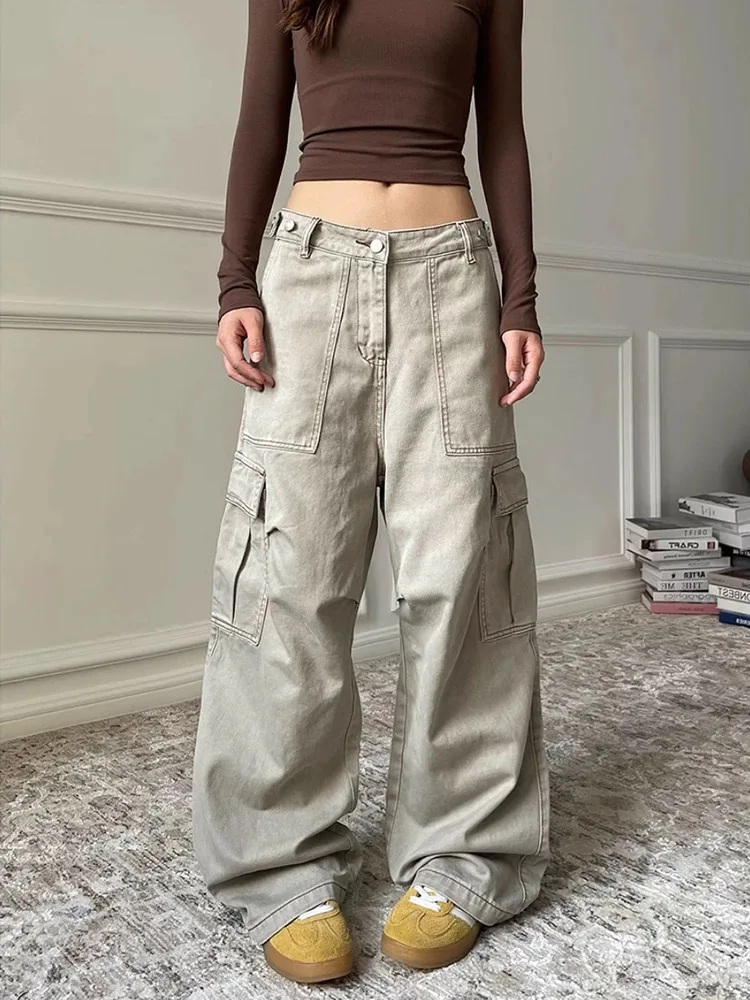 

Loose Straight Leg Workwear Denim Pants Women's High Waist Wide Leg Draping Pants Autumn Street Style Multi-Pocket American C...