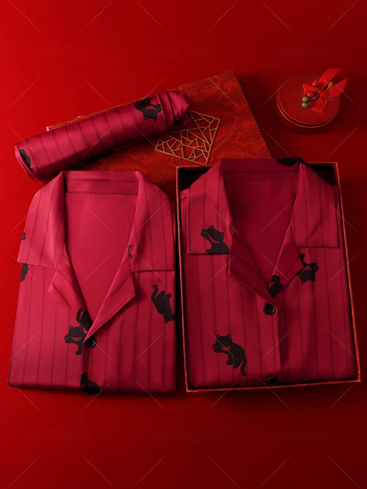 Pijama de Casal de Seda Gelo Vermelha com Manga Curta e Calça Comprida, Roupa de Casa de Verão, Caixa de Presente de Ano Novo, Masculino, Confortável e Leve