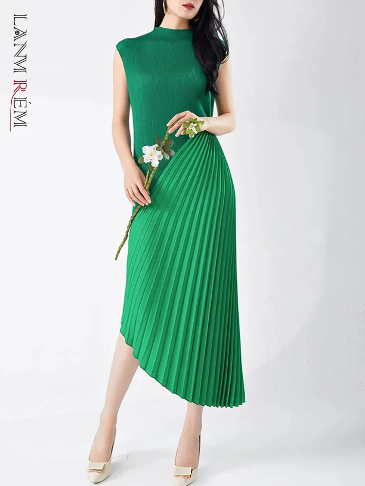 LANMREM Pleated Elegant Formal Dress For Women Turtleneck Sleeveless Contrast Color Irregular Dresses 2025 Summer New 2Z1848