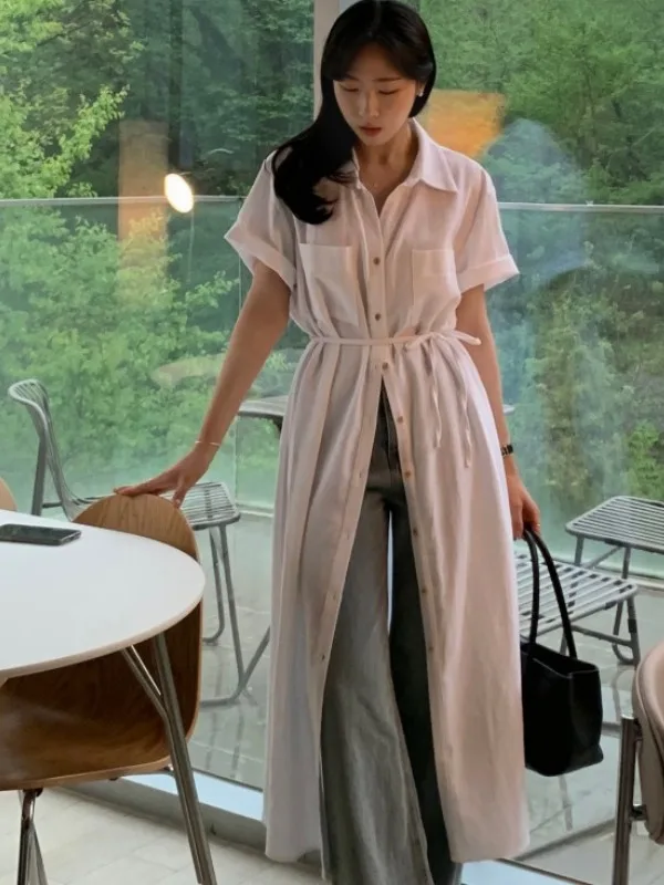 

Simple Single-Button irt Dr Women's Design Korean Sle Long Dr Dongdaemun Summer New Arrival Ele mat