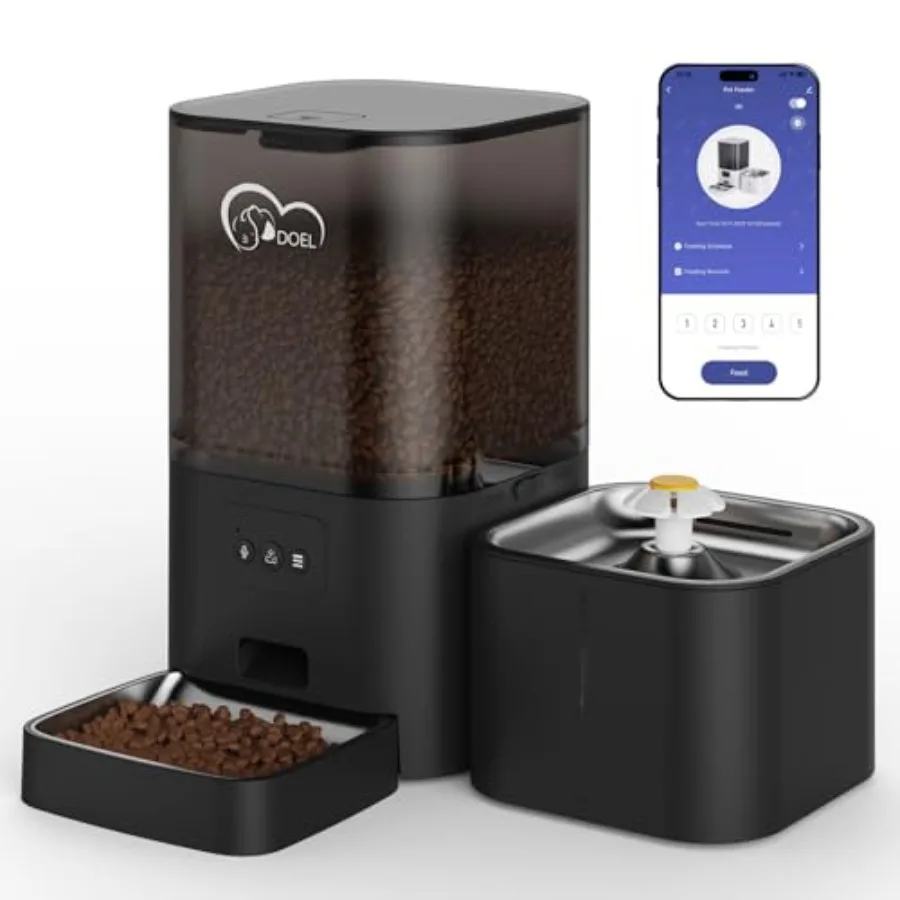 Automatic 2.4GHz WiFi Cat Feeder Water Fountain, 6L Timed Dry Food Dispenser for Small/Medium Dogs, Puppies, Kittens APP Remote