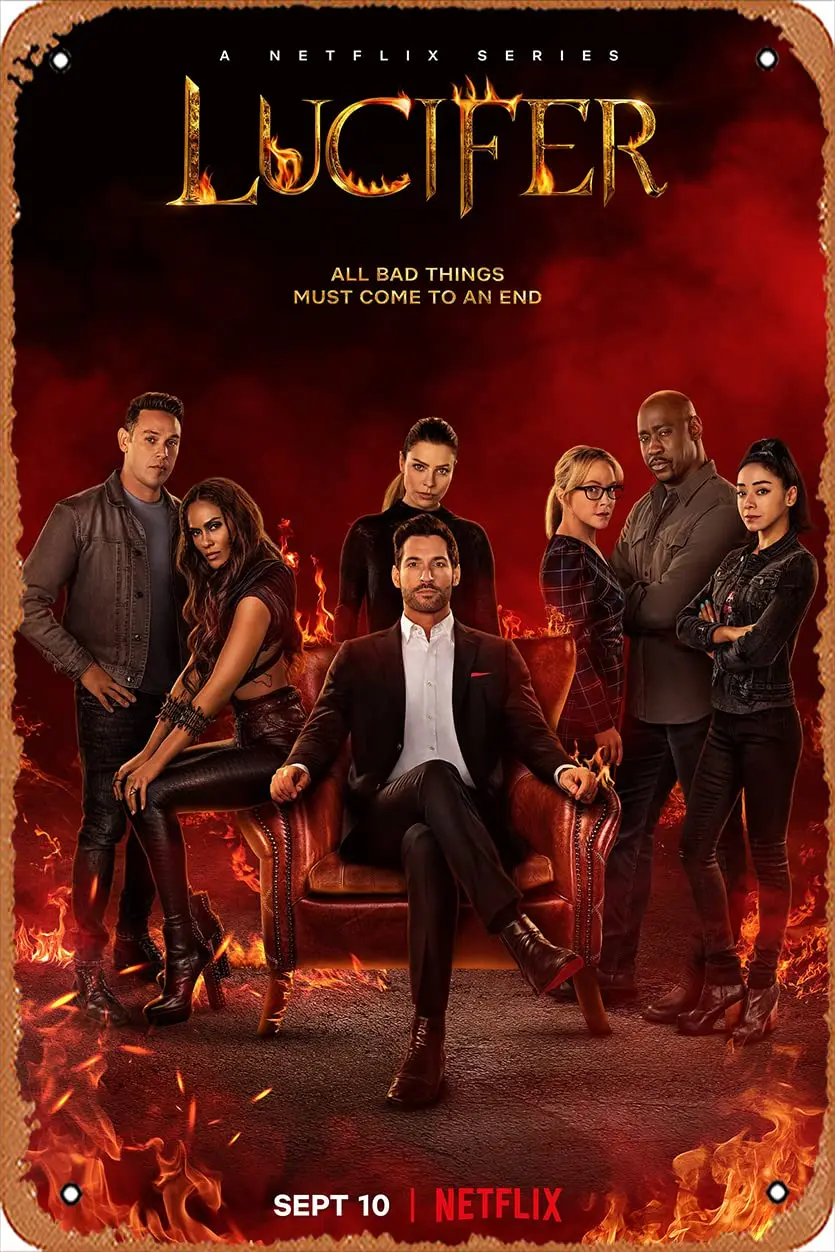 Lucifer (Tom Ellis,Lesley-ann Brandt) TV Show Poster Tin Sign Film Movie Cinema Theater   - Vintage Metal Sign for Home Bar Pub