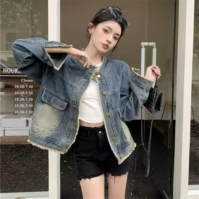 

Vintage Women Denim Jacket Long Sleeve Casual Jeans Jacket Autumn New 2024 Round Neck Short Jacket Outerwear Female