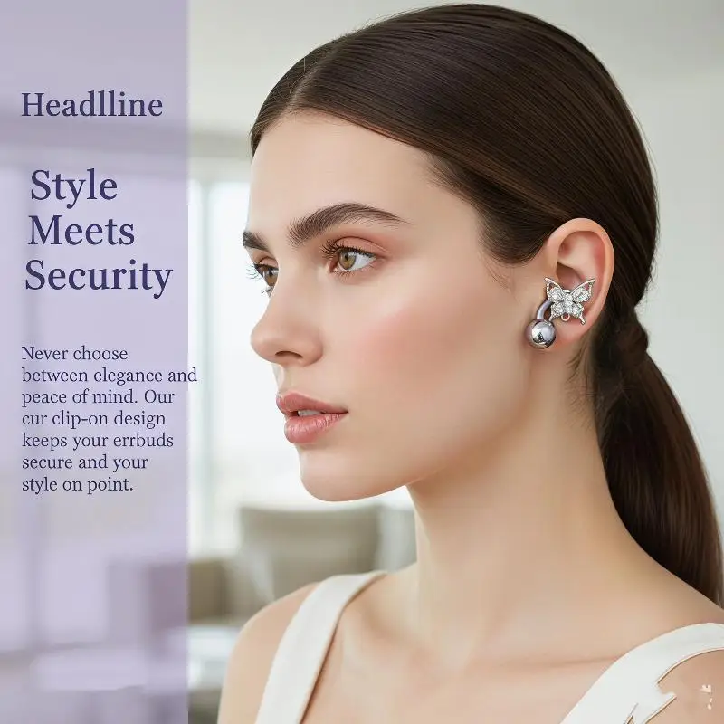 Clip On Open Ear Wireless Earbuds With Butterfly Crystal With Chain Decor Comfortable For Daily Use Gifts