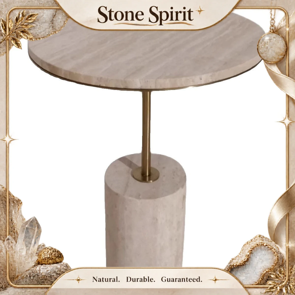 【Natural】Nordic Wabi-sabi Natural Beige Travertine Side Table, Designer Round Corner Table for Living Room, Bedroom & Balcony