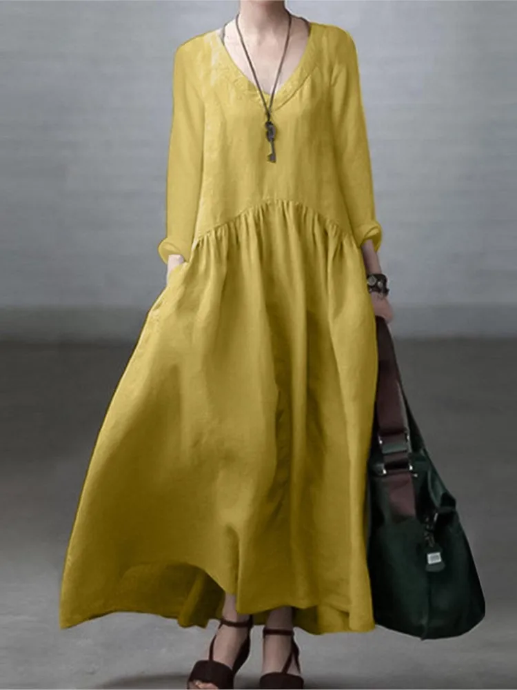 Elegant Women Dress Spring Autumn V Neck Long Sleeve Vintage Solid Maxi Sundress Casual Stylish Holiday Vestidos Robe Femme