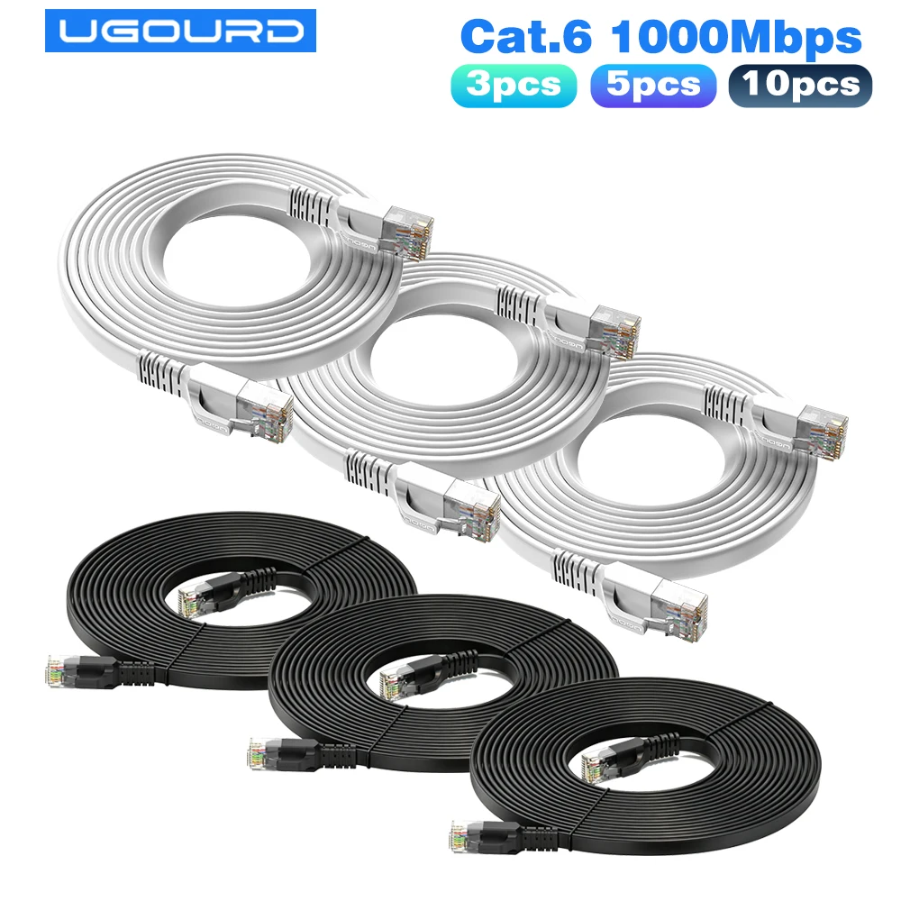 UGOURD Lot de 3/5/10 câbles Ethernet Cat6 ultra-plats en PVC 1000 Mbps RJ45 UTP, cordon de raccordement LAN CAT 6 Gigabit pour réseau Internet