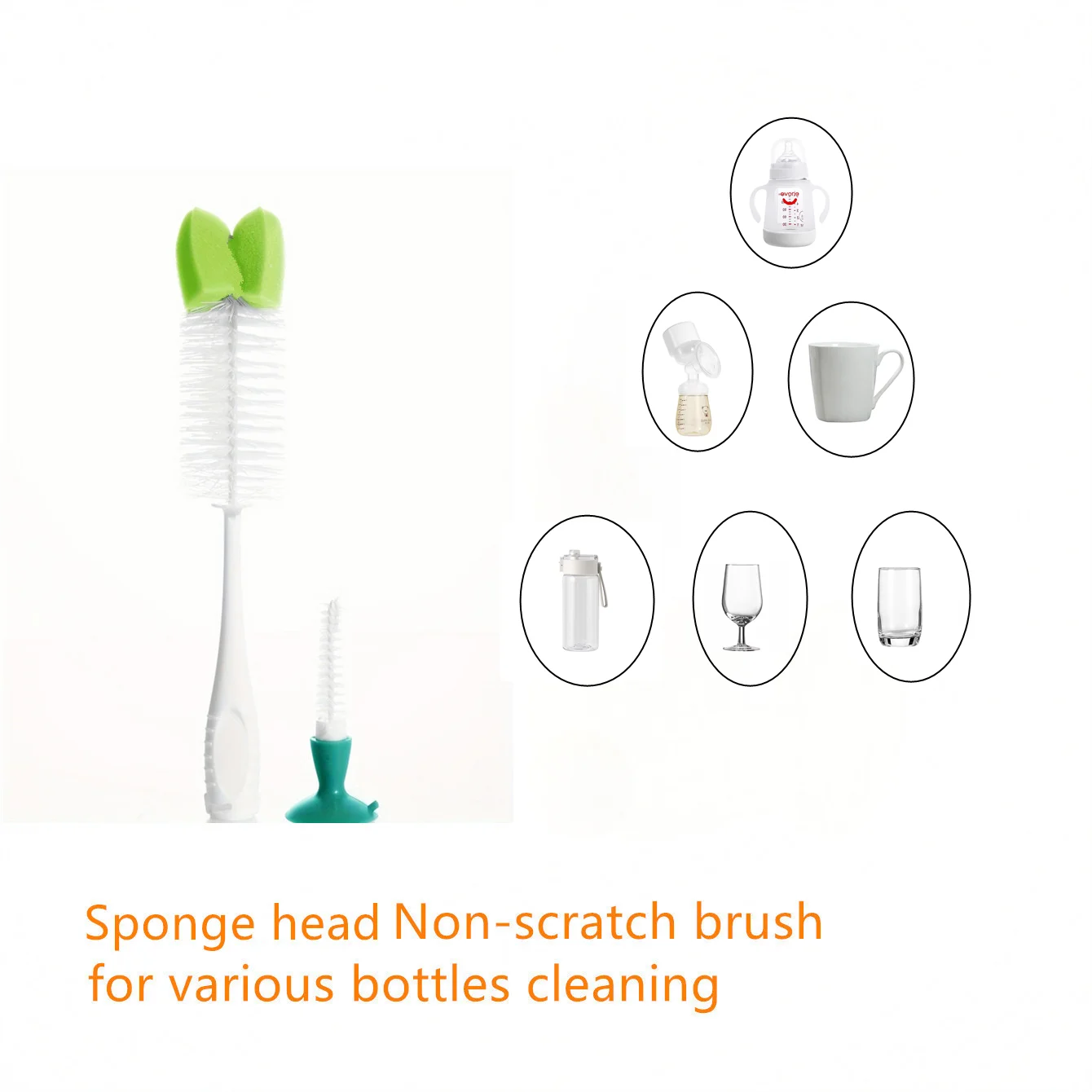 2 in 1 sponge head bottle brush with suction cup base, suitable for baby bottles, nipple ,teat,thermos bottles