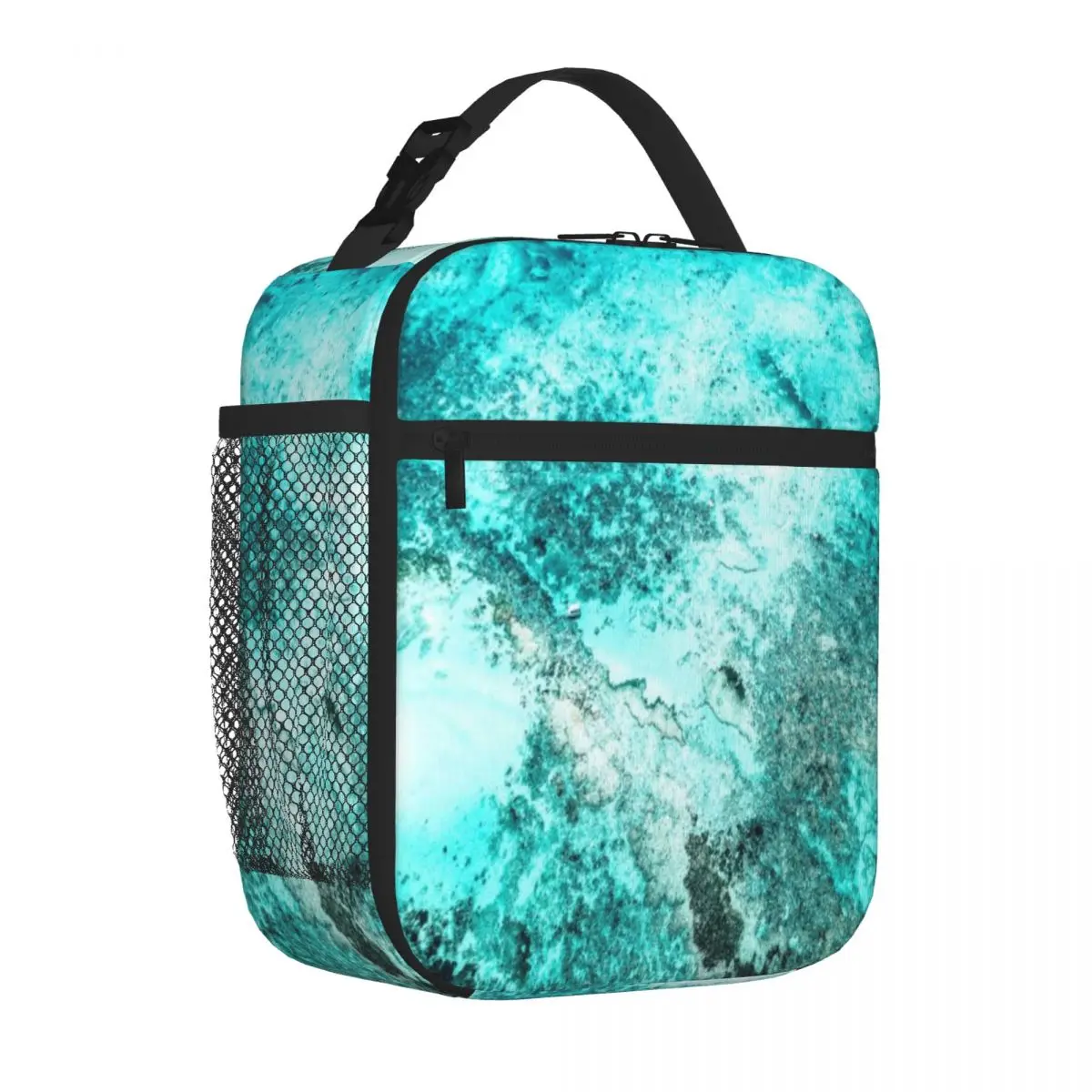 Hot Sale Summer Abstract Ocean Teal Turquoise Aqua Blue Plaid Insulated Snack Tote Downtown Work Waterproof Lunch Bag