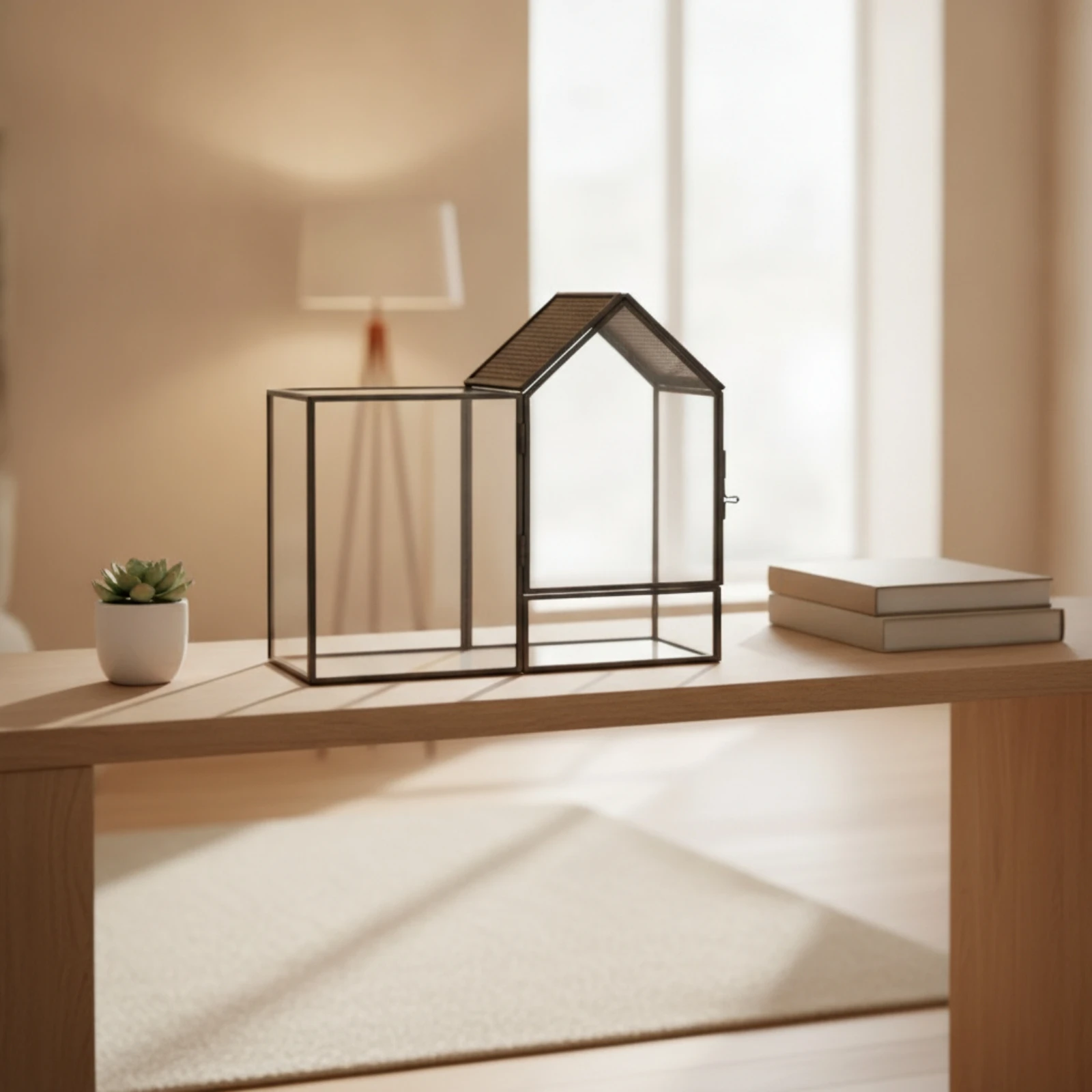 Greenhouse Decorative House-Shaped Glass Terrarium Copper-Framed Glass Display Case Ventilated for Desktop, Windowsill