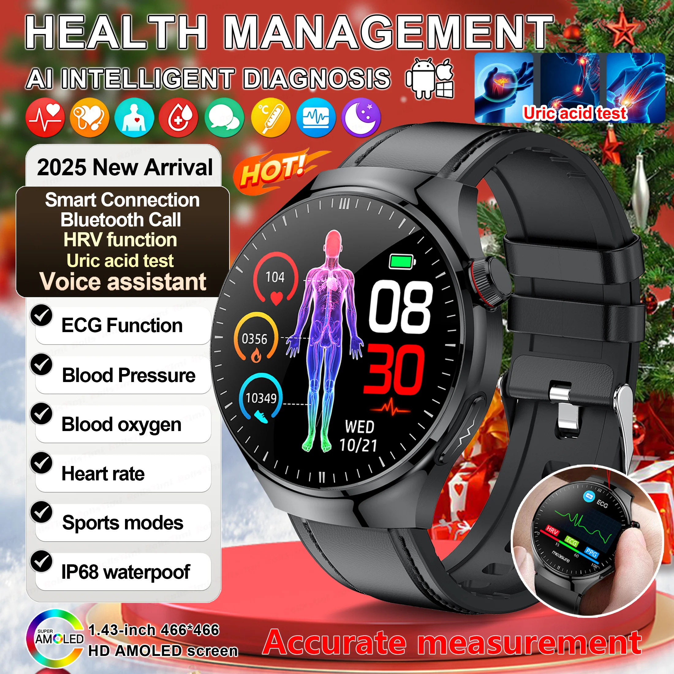 

Новинка 2025 года, ЭКГ + PPG, диагностические умные часы для здоровья, унисекс, трекер мочевой кислоты, липидов, кровяное давление, пульсометр, спортивные умные часы IOS