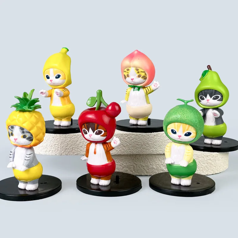 6 Stück Mofusand Hai-Katze ﻿ Früchte-Serie Figur Q-Version Mini-Modell Puppe Spielzeug Anime Cartoon PVC Sammlerstück Desktop-Ornament Geschenke