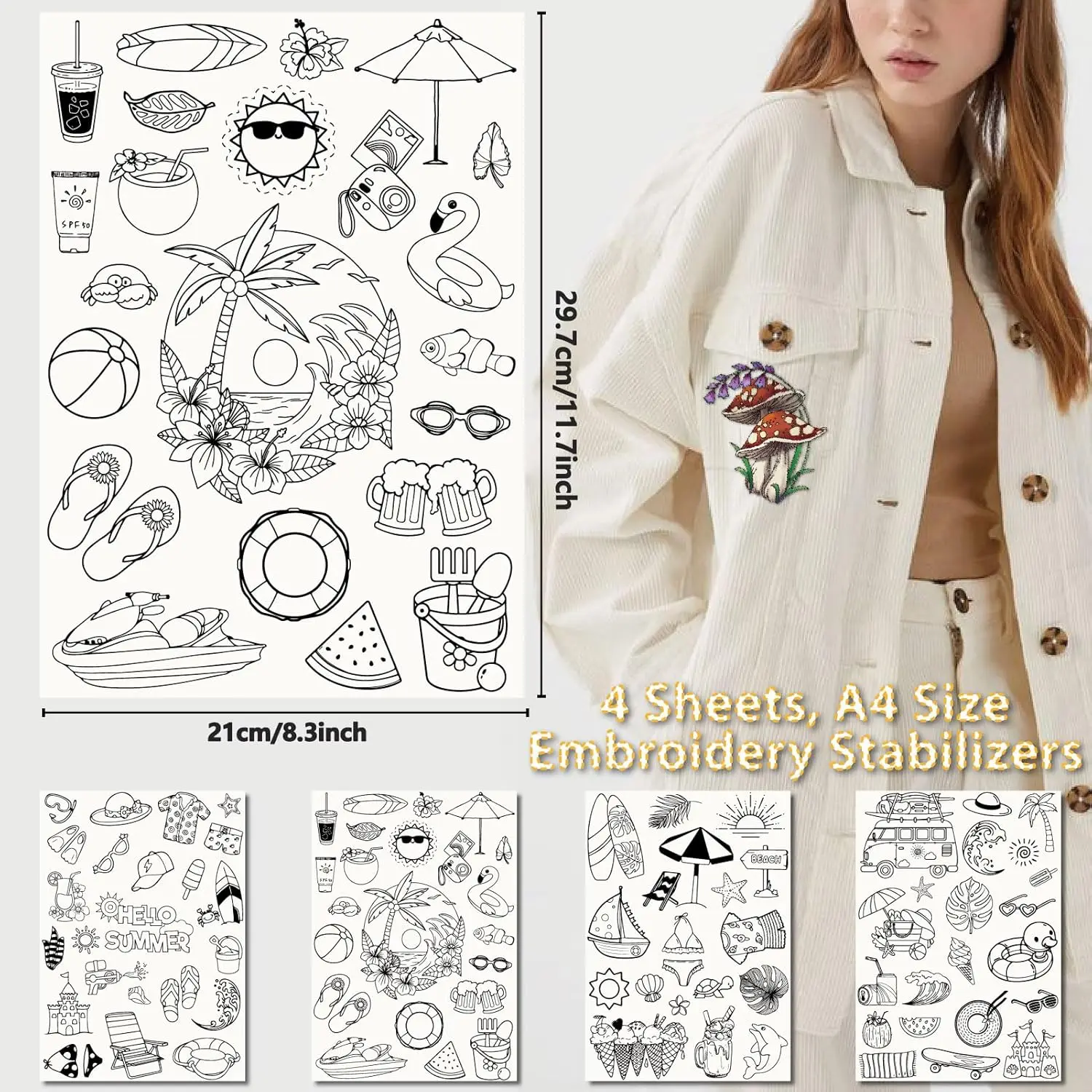 Summer Beach Sea Shell Water Soluble Embroidery Stabilizers Stick and Stitch Pre-Printed A4 Transfers Self Adhesive Wash Away