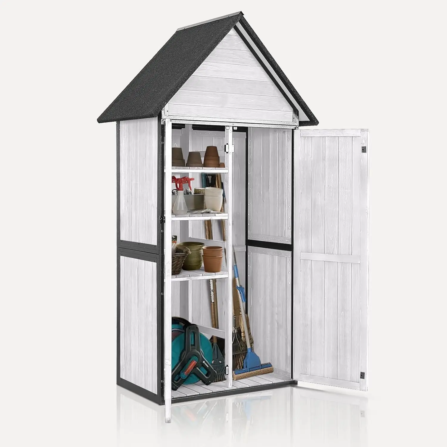 

Outdoor Storage Shed With Floor And Waterproof Roof - Metal Framed Tool Cabinet With Adjustable Shelves - Double Lockable Doors