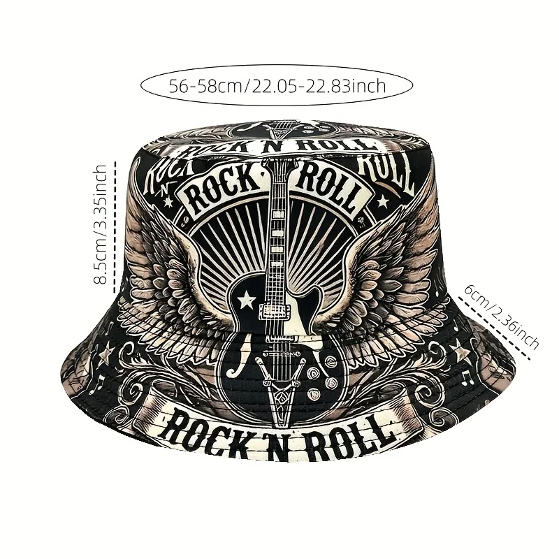 Stylish Hip-Hop Black Wing Guitar Pattern Digital Print Double-Sided Bucket Hat Lightweight And Fashionable Hip-Hop