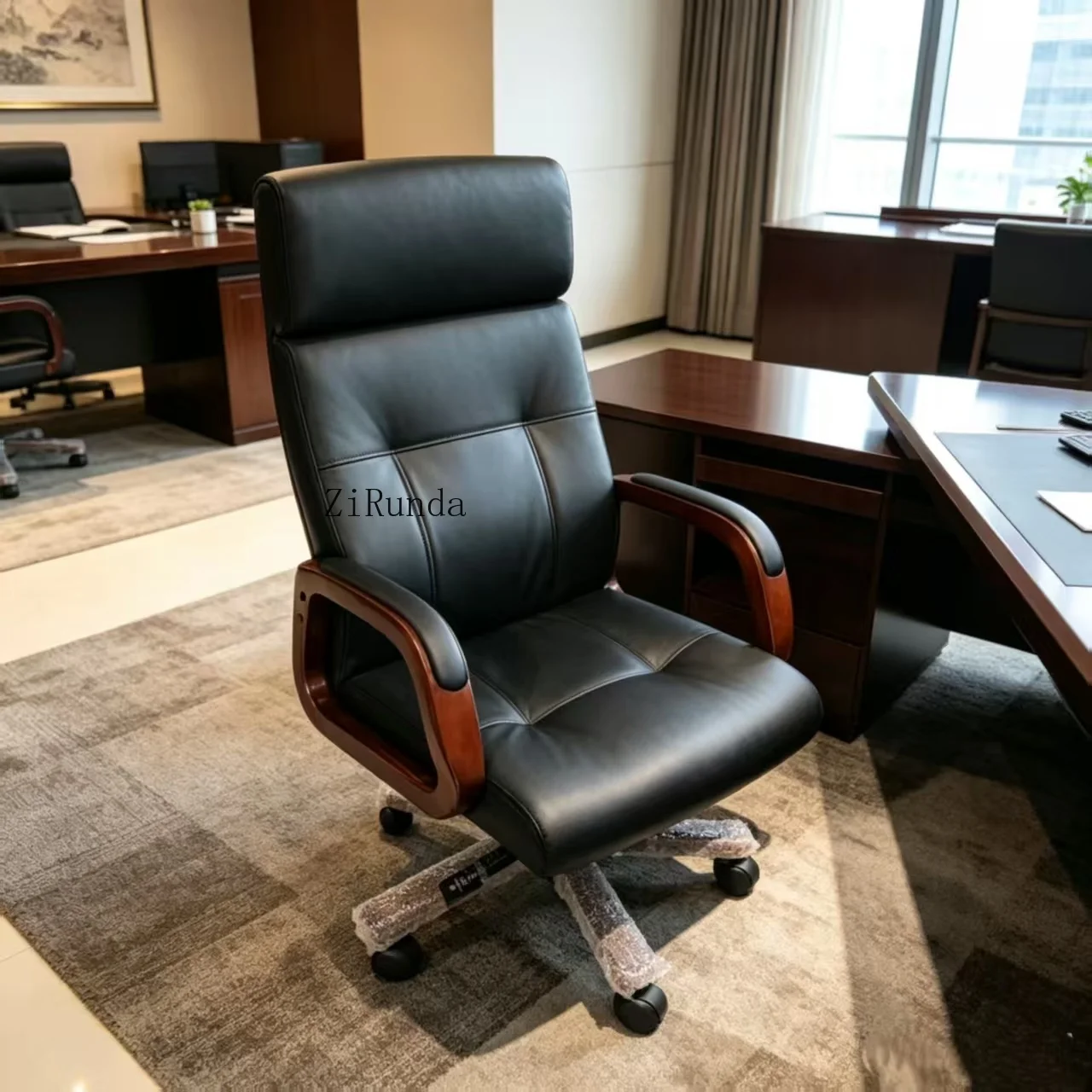 High-quality high-back PU black leather executive office chair, solid wood armrest rotating boss manager chair