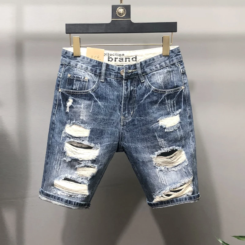 

Summer Vintage Japanese Sle Worn-look Ripped Denim orts Men's Slim Fit Elastic Five-Quarter Thin Cotton Casual Jeans