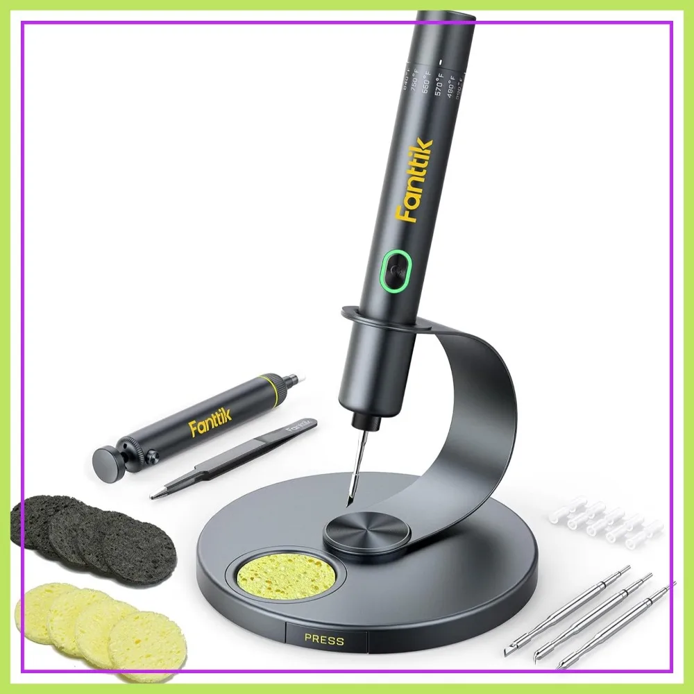 

Cordless Soldering Iron Kit, 7s Fast Heating 390-840℉, Auto Sleep, 4 Tips, 360° Stand, Precision Repair