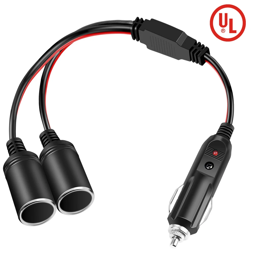 12/24V Car Cigarette Lighter Dual Port Cigarette Lighter Female Socket Plug Extension Cord Cable with 15A fuse