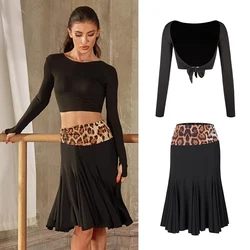 New ZYM Latin Dance Costume Women Black Tops Leopard Skirt Backless Sexy Performance Wear Adult Latin Competition Dress DNV21786