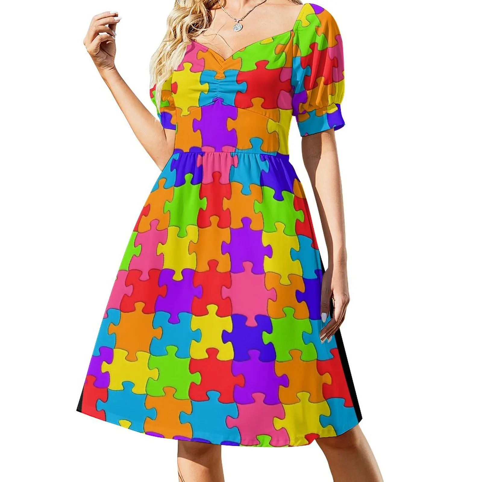 

Jigsaw pattern multicolour design Short Sleeved Dress elegant party dress for women 2025 summer dress korean women