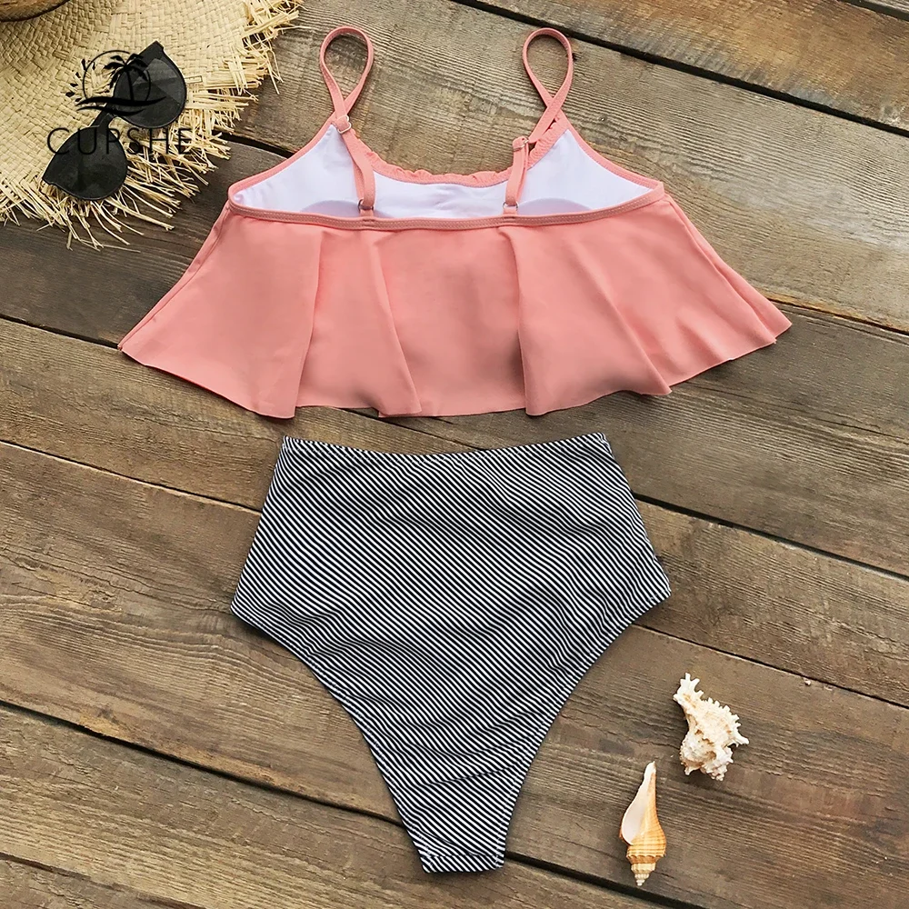Pink and Stripe High Waisted Bikini Sets Sexy Tank Top Swimsuit Two Pieces Swimwear Women New Beach Bathing Suits