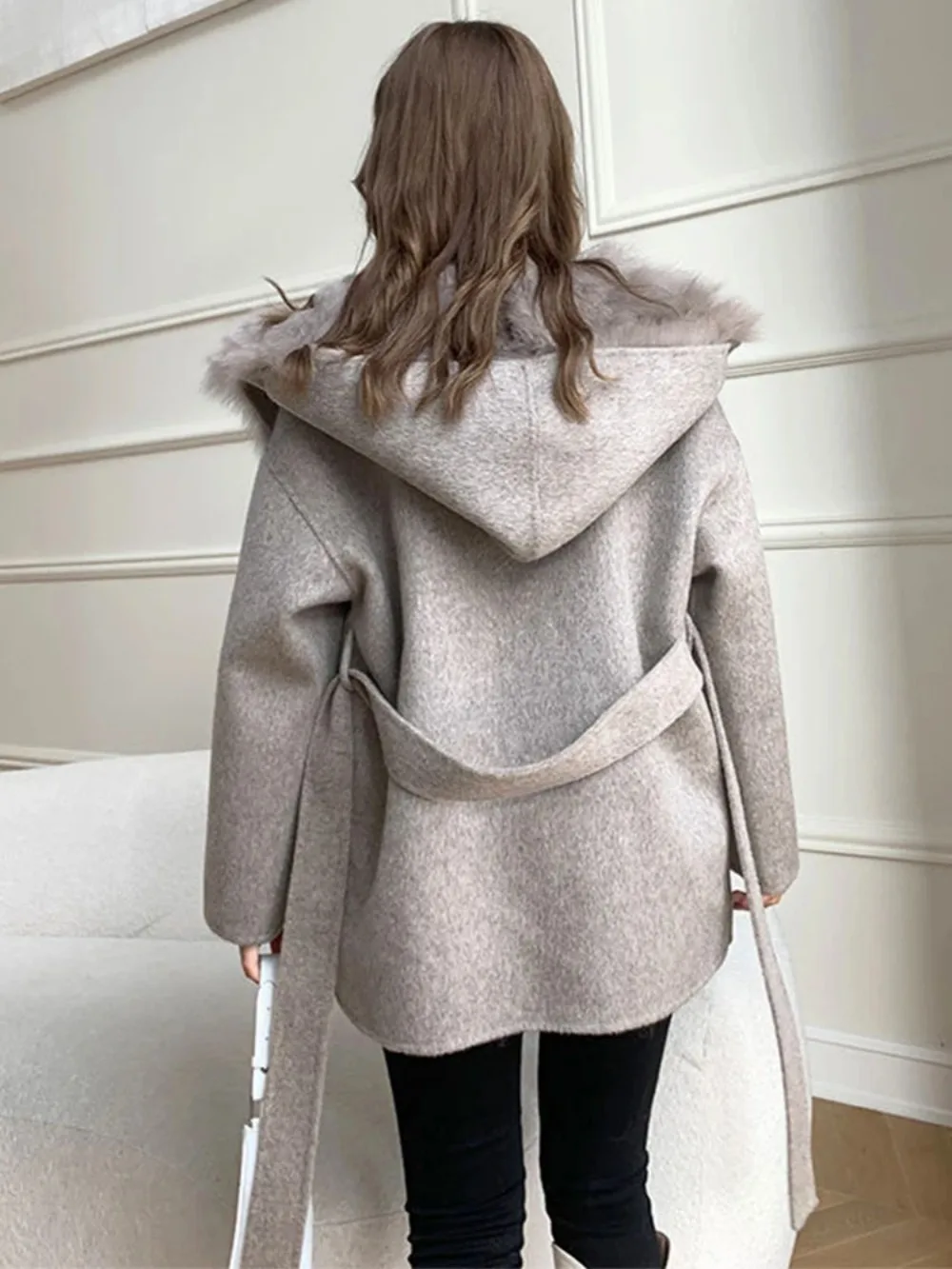 2024 New Winter Detachable Real Fox Fur Liner Woolen Jacket Women Loose Belt Double-sided Wool Coat Female Hooded Thick Coat