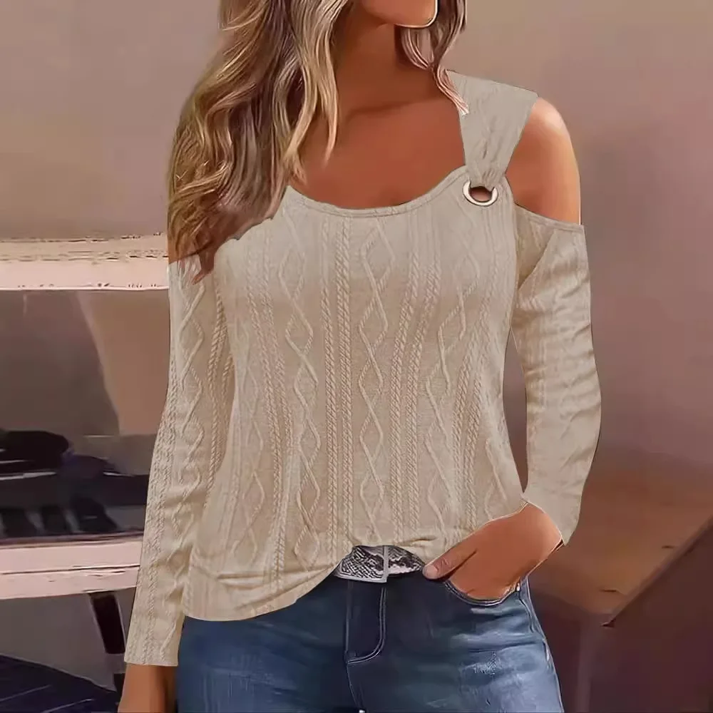 Spring T Shirts For Women Sexy Off Shoulder Long Sleeve Shirt Women Elegant Casual Solid Loose Pullover Black White New Jacquard