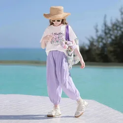 2026 spring girls Clothes Child set Sports Suit Teen tracksuit letter flower loose t shirt + Ankle tied pants 4 6 8 10 12 year