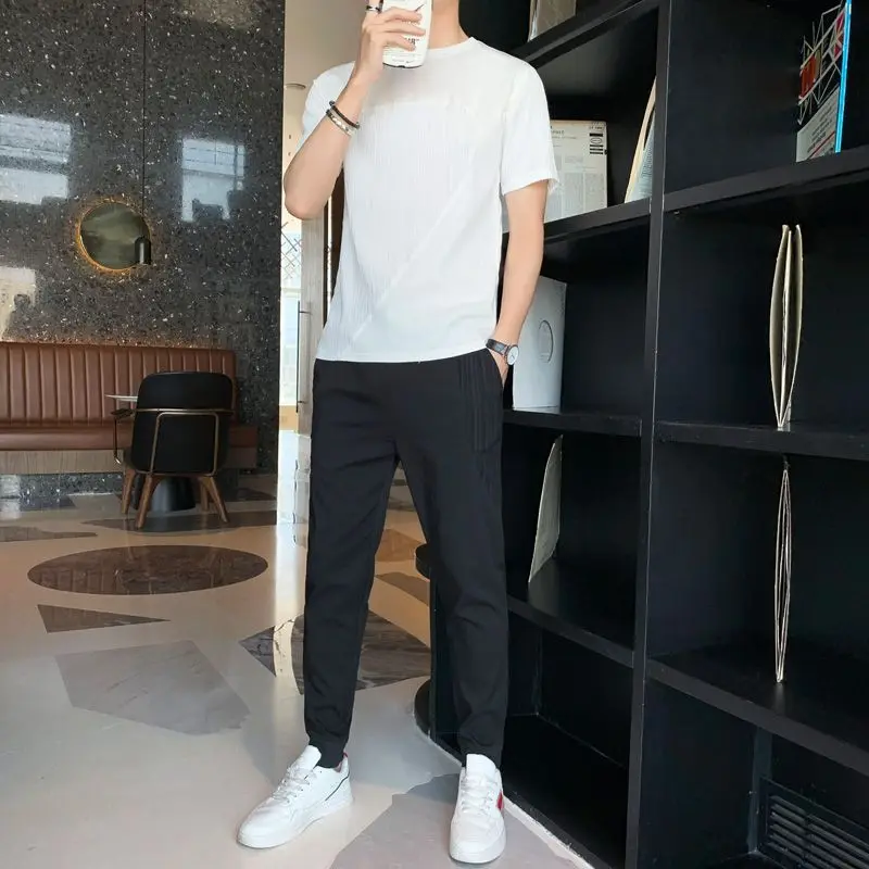 

Men's Summer Ice Silk Quick-Dry Sports Set Short Sleeve Long Pants Casual 2 Piece Outfit Breathable Loose Fit​