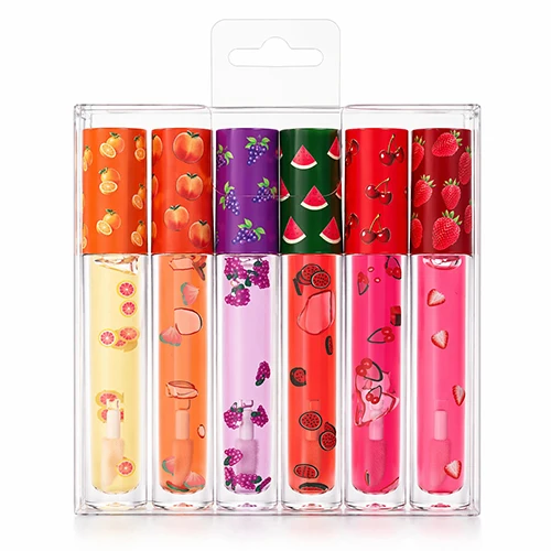 6-color Private Label Lip Oil Custom Logo Clear PVC Box 6-Piece Set of Fruit-Scented Lipgloss Moist Peach Makeup Wholesale Vegan