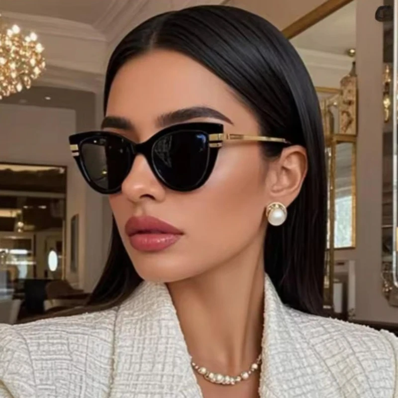 Lunettes de soleil vintage œil de chat pour femme, monture métallique, protection solaire, mode, luxe, dégradé de couleurs, blocs de couleur, personnalité
