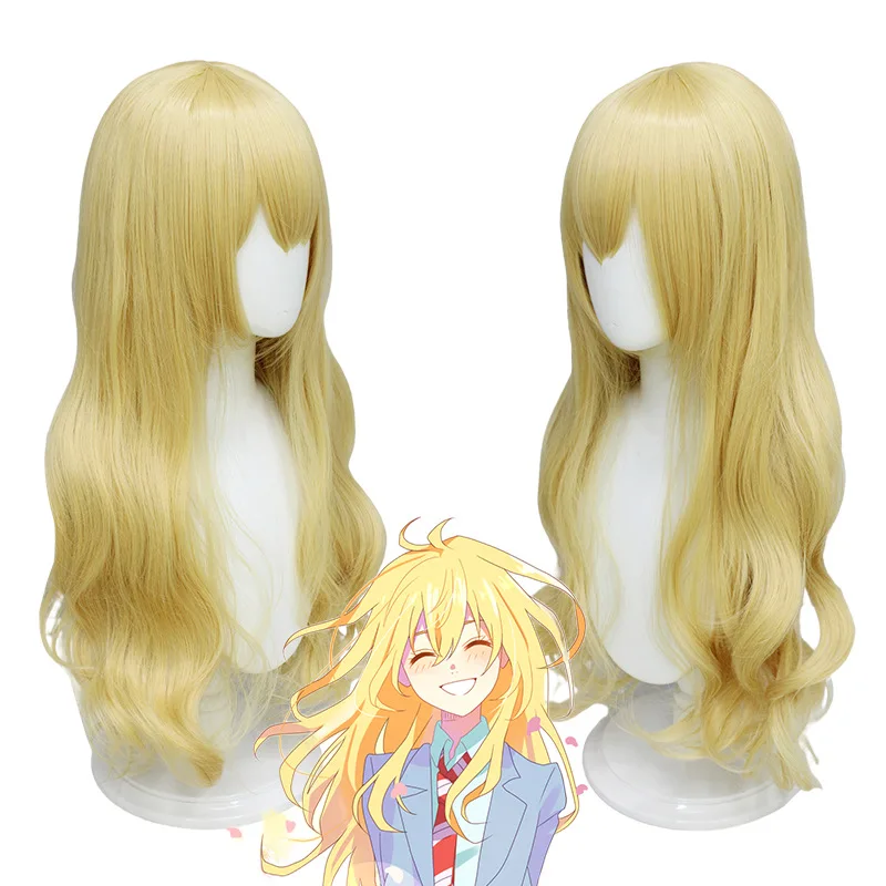 

Anime Your Lie In Aprils Miyazono Kaori Cosplay Wig Golden Curly Long Hair and Free Wigs Cap Halloween Party Roleplay