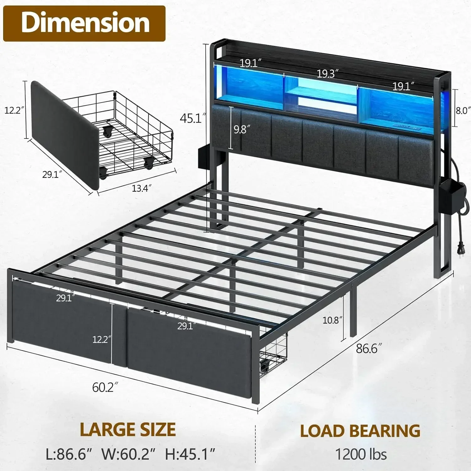 [Discounted Price!Free Shipping!]Hot-sellingQueen Bed Frame with Storage Drawers, Upholstered Headboard   Shelf,LED L